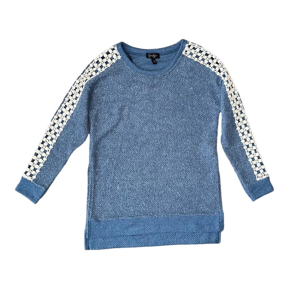 Jessica Simpson Blue Pullover Sweater Cream Crochet Arm Size Small